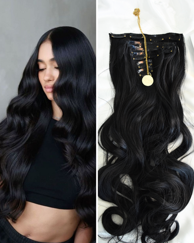 22” Gorgeous Glam Clip-In Synthetic Wavy Hair Set Dark Black